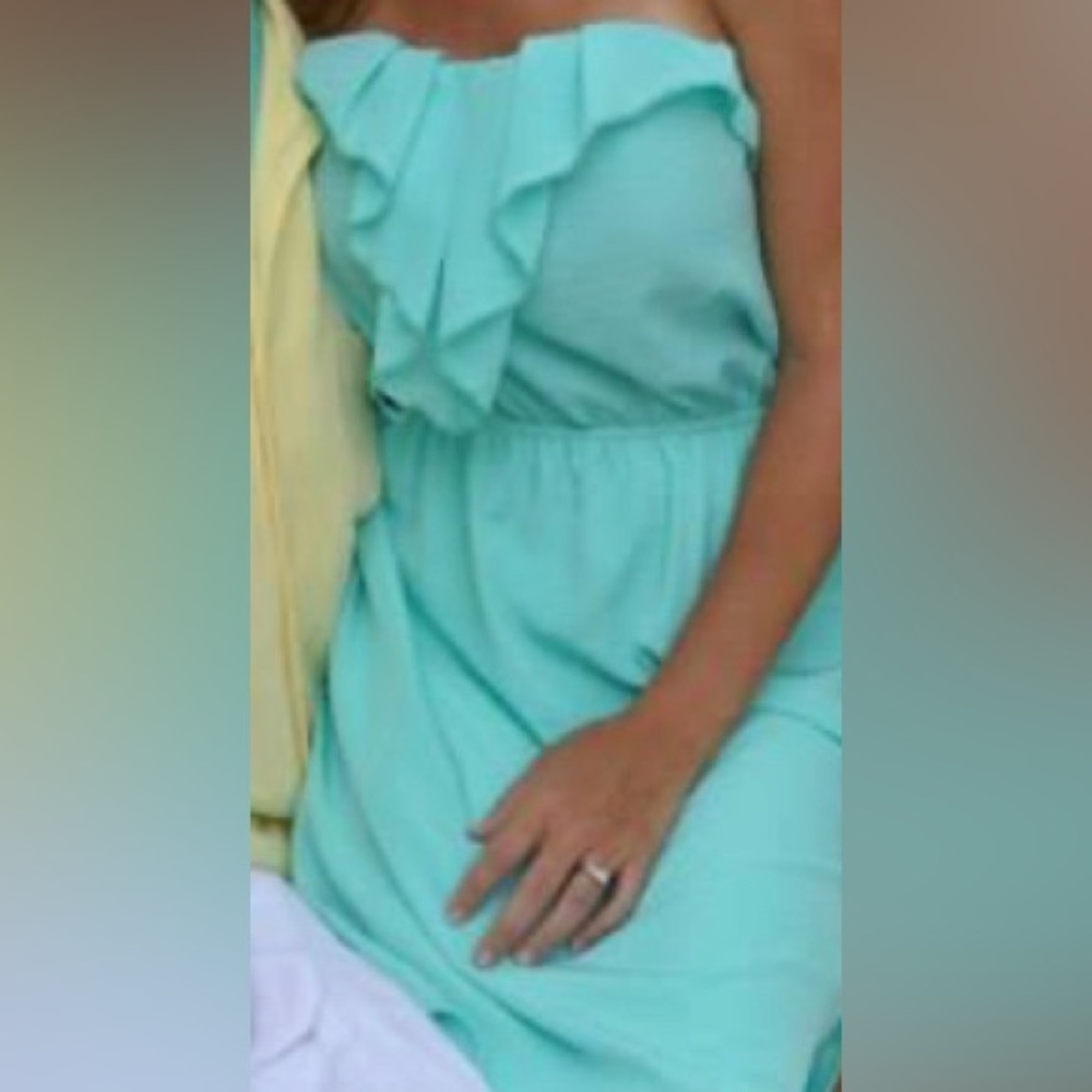 Strapless, mint green dress